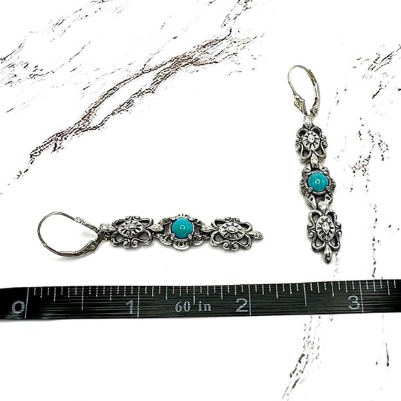 American West Blue Turquoise 925 Sterling Silver Concha Drop Earrings - Picture 6 of 6